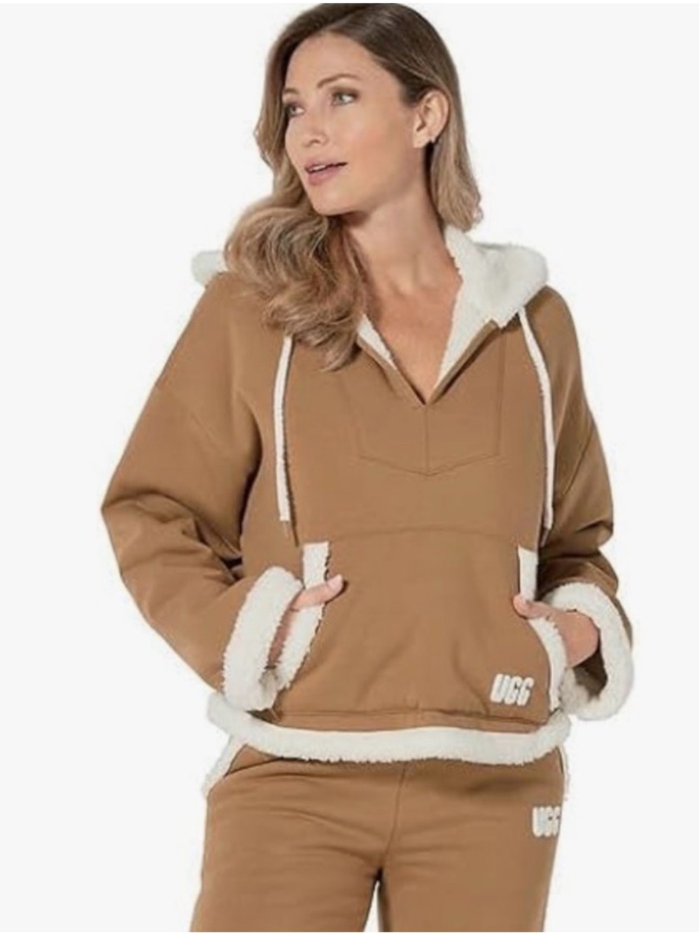UGG Women's Tan Hoodie with Cream Sherpa Trim